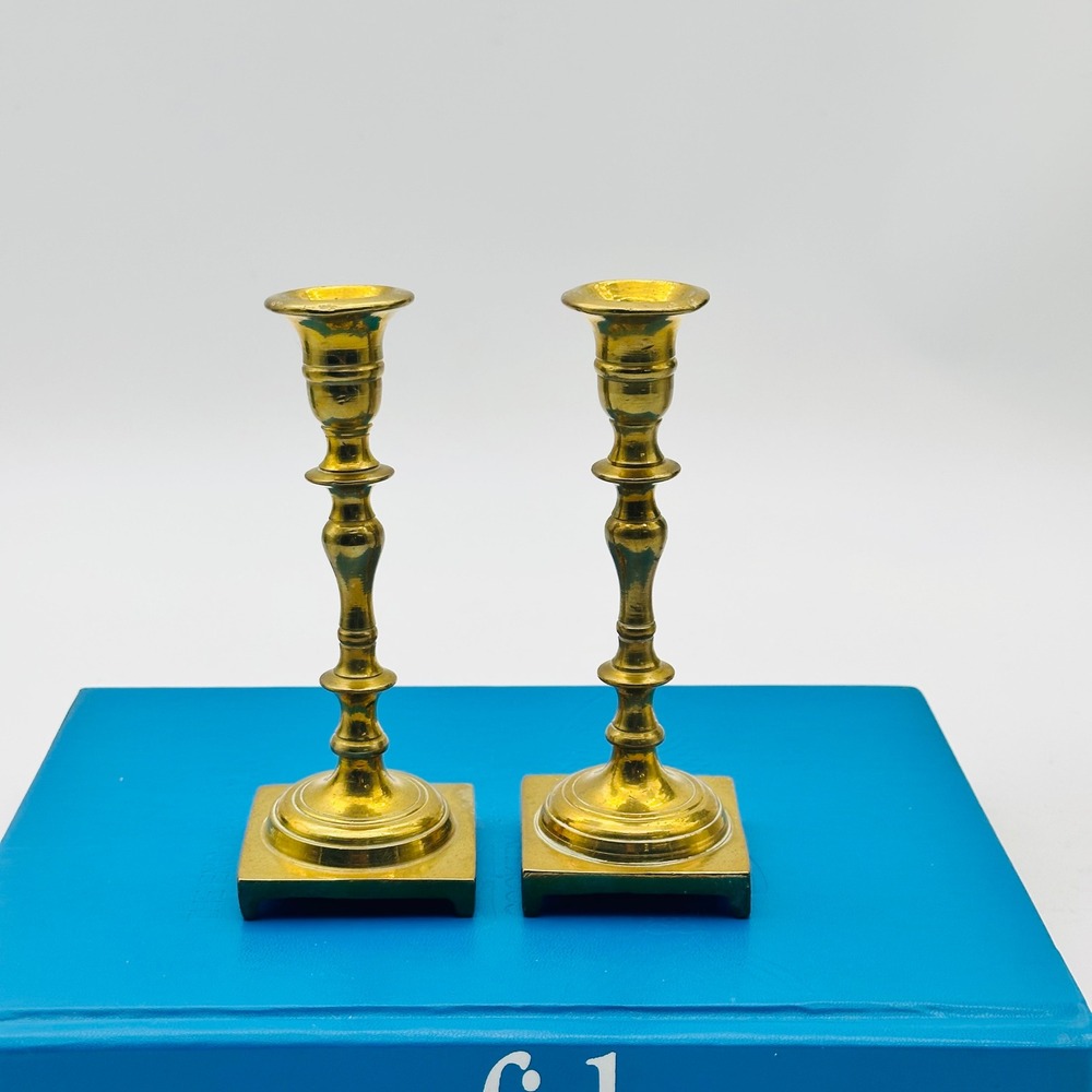 Vintage Brass Candlesticks Set of 2 Square‎ Base Taper Candle Holders 6.25"